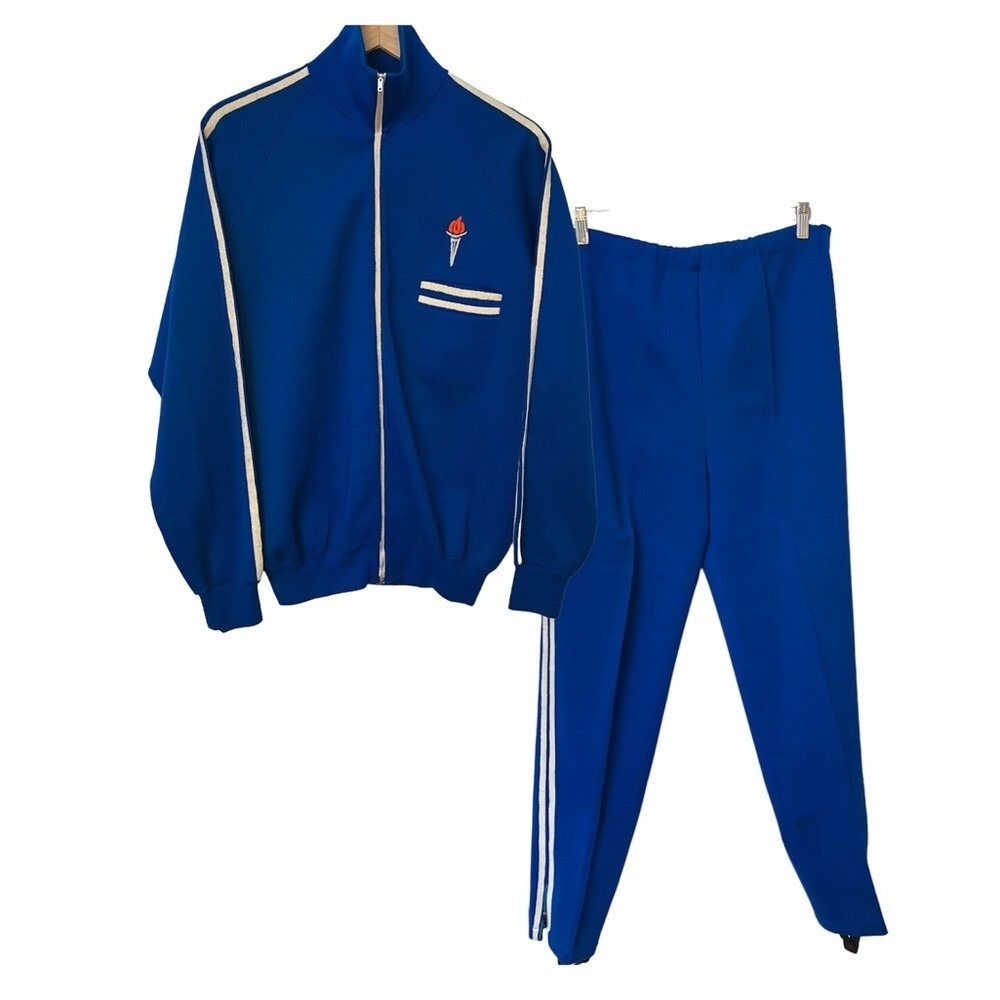Vintage Royal Blue Acrylic Tracksuit Set XL Zip Jacket Stirrup Pants Torch Logo